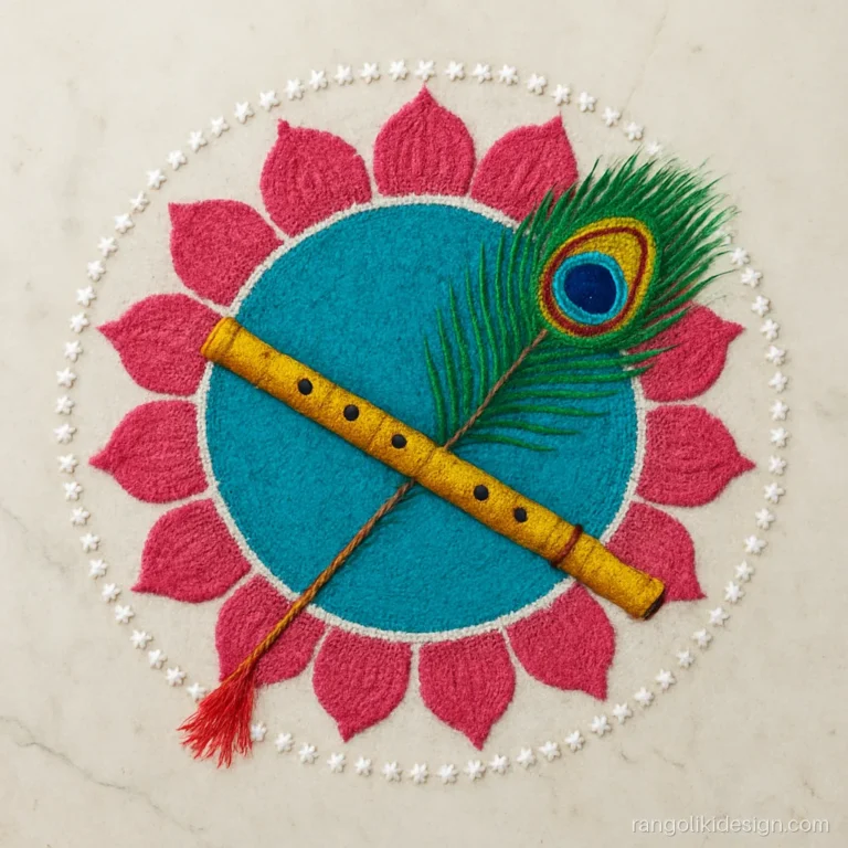 Govardhan rangoli designs with a flute and peacock feather in a lotus ring