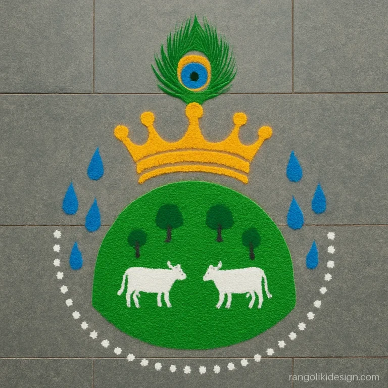 Shree krishna govardhan rangoli with a peacock feather crown over a hill in rain