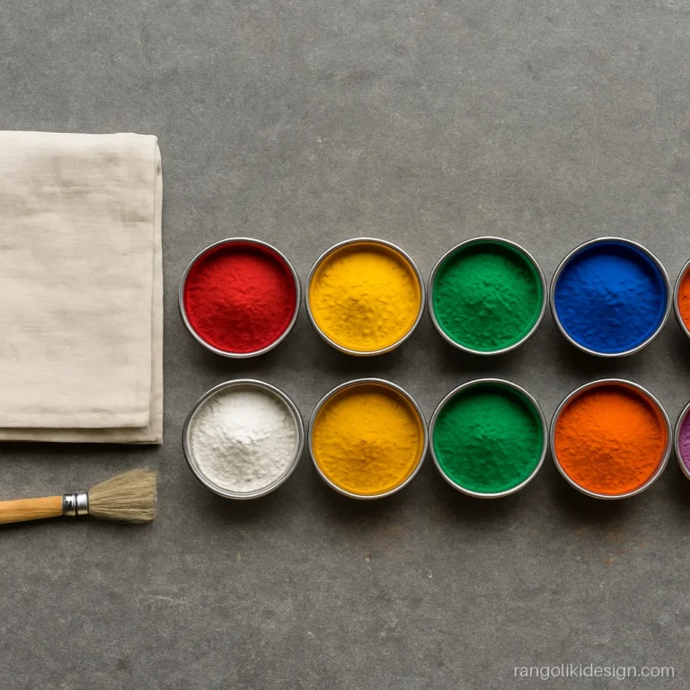 Rangoli materials for beginners: white powder and six colours in steel katoris