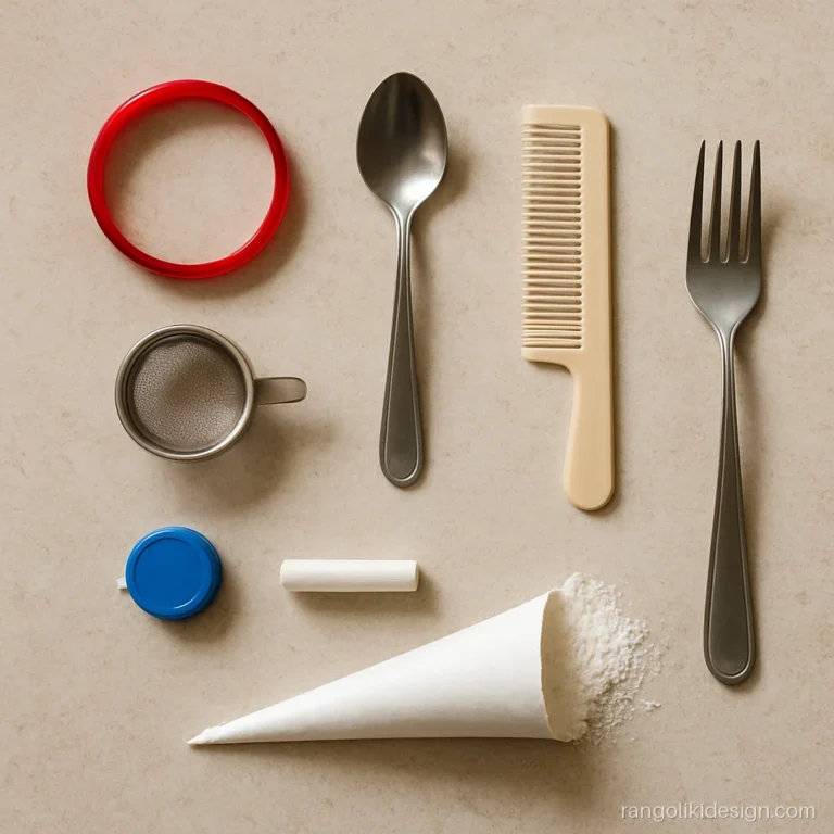 Rangoli tools for beginners including a bangle, spoon, tea strainer, comb and fork