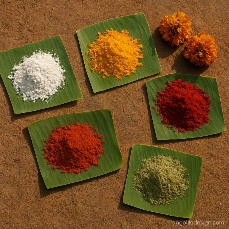 Natural rangoli colours from rice flour, haldi, kumkum, gerua and leaf powder