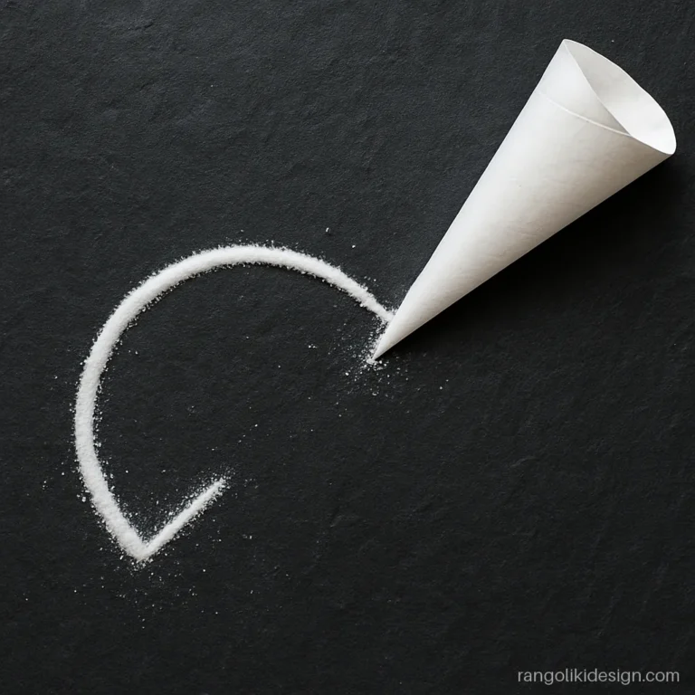 Paper cone filled with white rangoli powder drawing a thin line