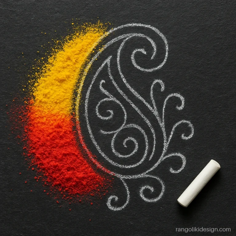 Free hand simple rangoli design for beginners sketched in chalk on black chart paper