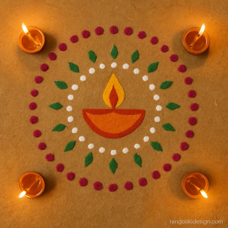 Easy rangoli design for Diwali for beginners with a diya and dots