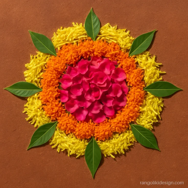 Easy flower rangoli design for beginners with marigold and rose petals