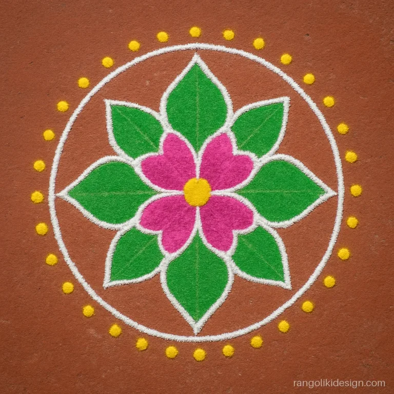 Finished easy rangoli design for beginners with dots, flower and border dots