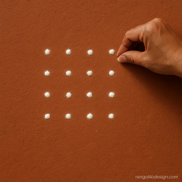 Step 1 of an easy rangoli design for beginners: a 7 to 4 dot grid on the floor