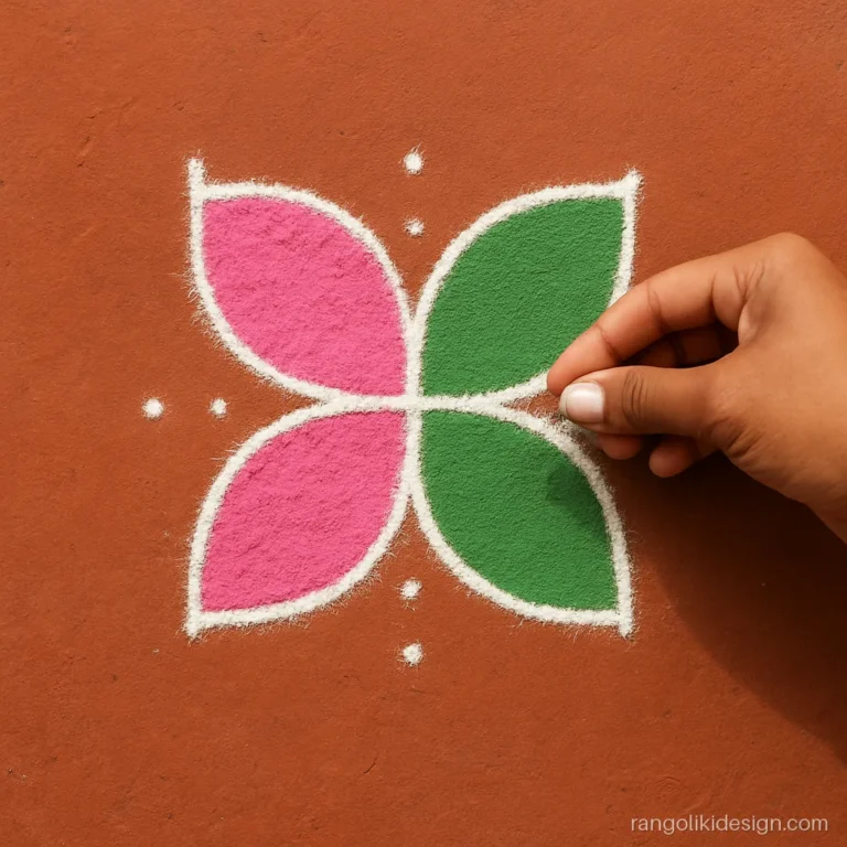 Step 3 of a beginner rangoli: filling petals with pink and green colour