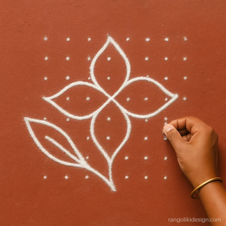 Step 2 of step by step rangoli designs with dots: joining the dots with white lines