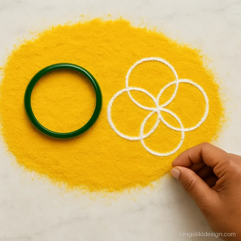 Beginner rangoli trick: perfect circles traced with a glass bangle