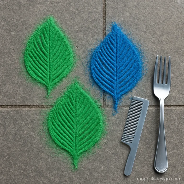 Beginner rangoli trick: comb and fork lines through coloured powder