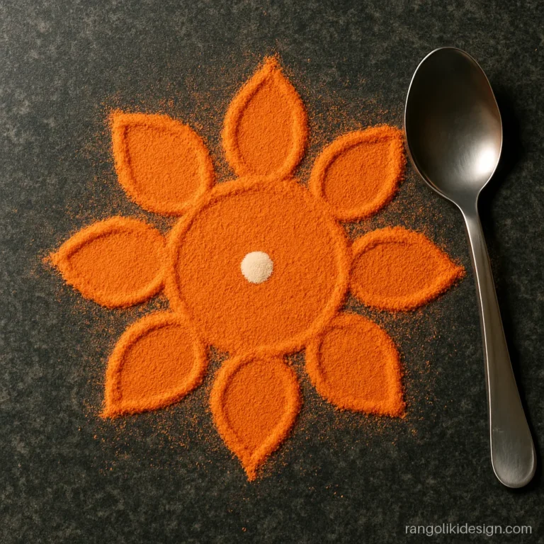 Beginner rangoli trick: petals pressed with the back of a spoon