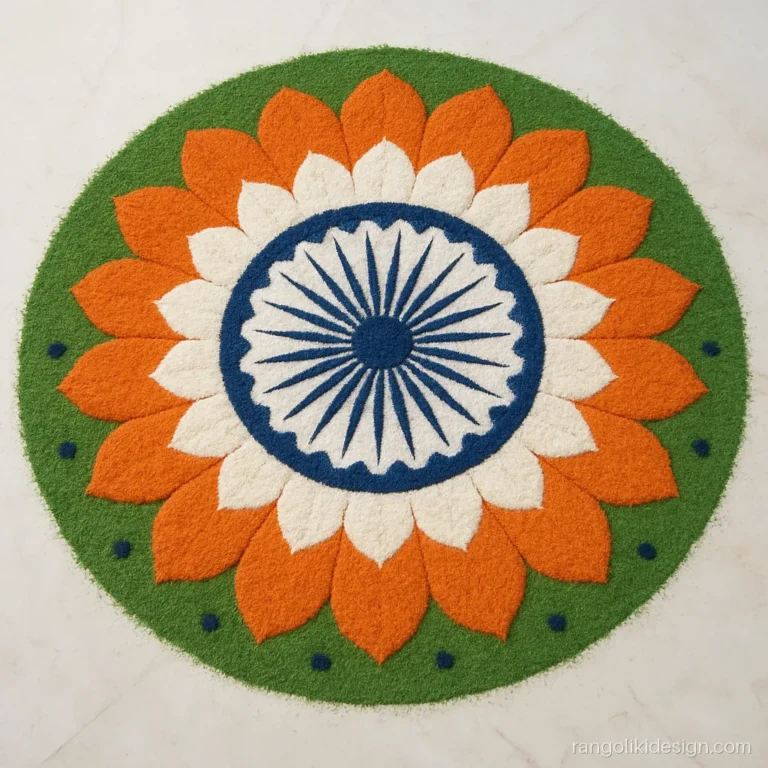 Independence day special rangoli design with an Ashoka chakra mandala in tricolour rings