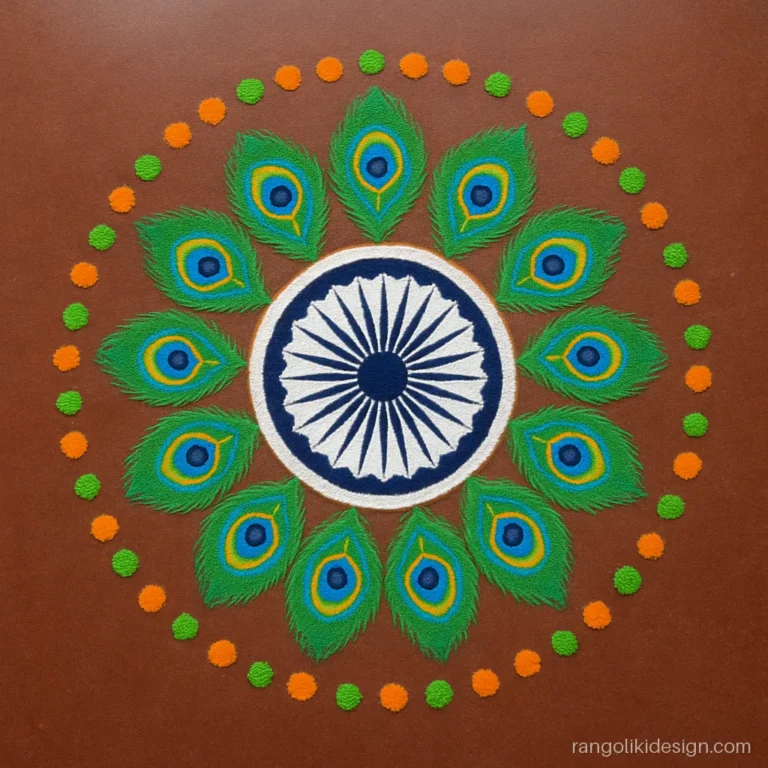 Rangoli designs for independence day with a chakra and peacock feathers in a ring