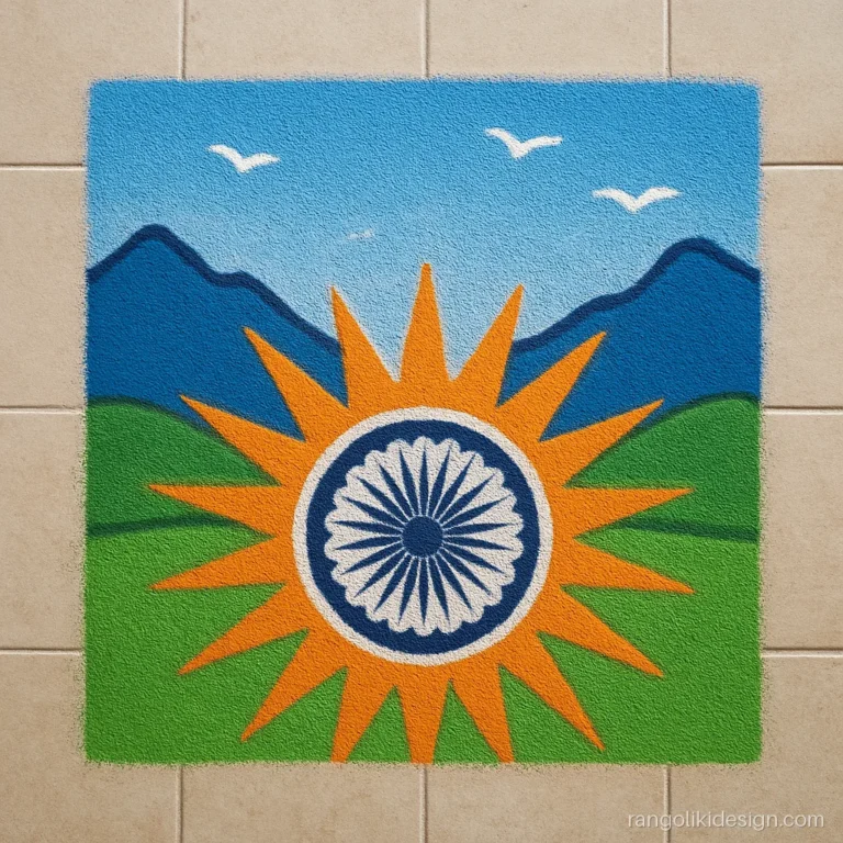 Competition tiranga rangoli design with a tricolour sun rising over fields