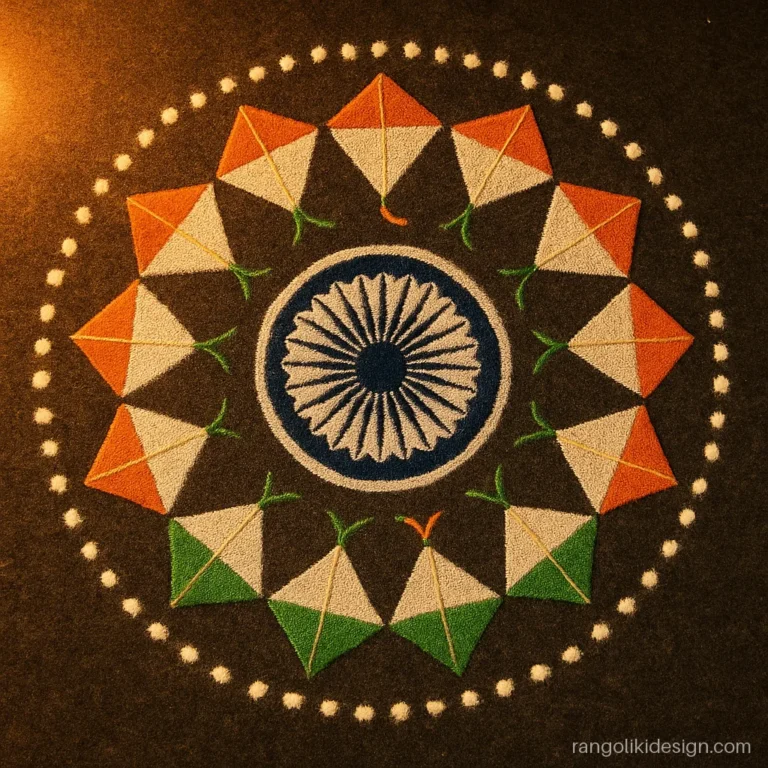 Rangoli design for 26 January competition with a ring of tricolour kites around the chakra