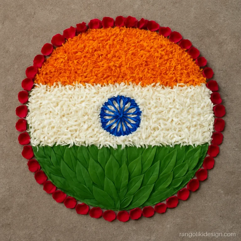 Flower rangoli design for independence day made with marigold, white and green petals