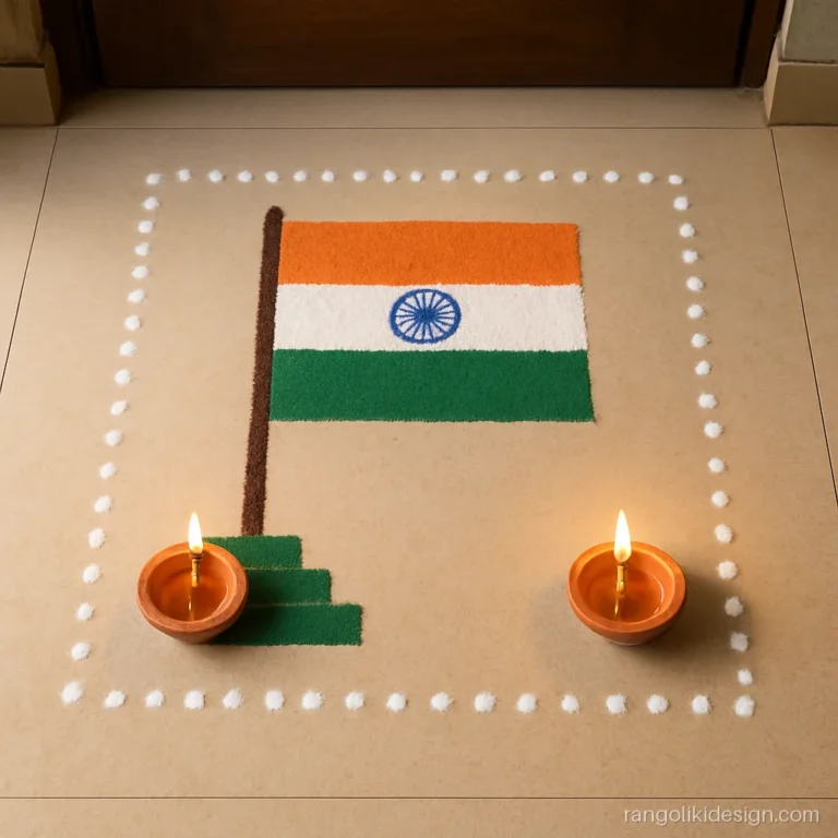Har ghar tiranga rangoli at a flat door with a small flag and two diyas