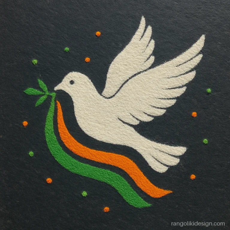 Republic day rangoli design with a white peace dove carrying a tricolour ribbon