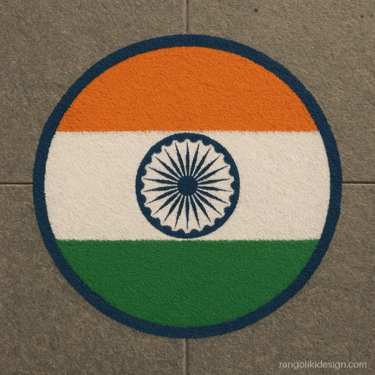 Simple republic day rangoli design with a tricolour circle and navy chakra
