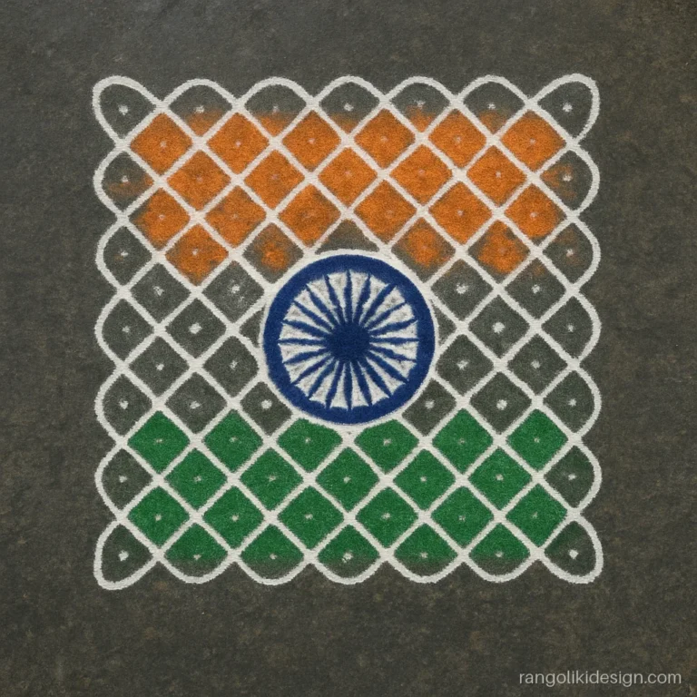 Traditional 15 August rangoli design with white kolam loops and tricolour fills on dots