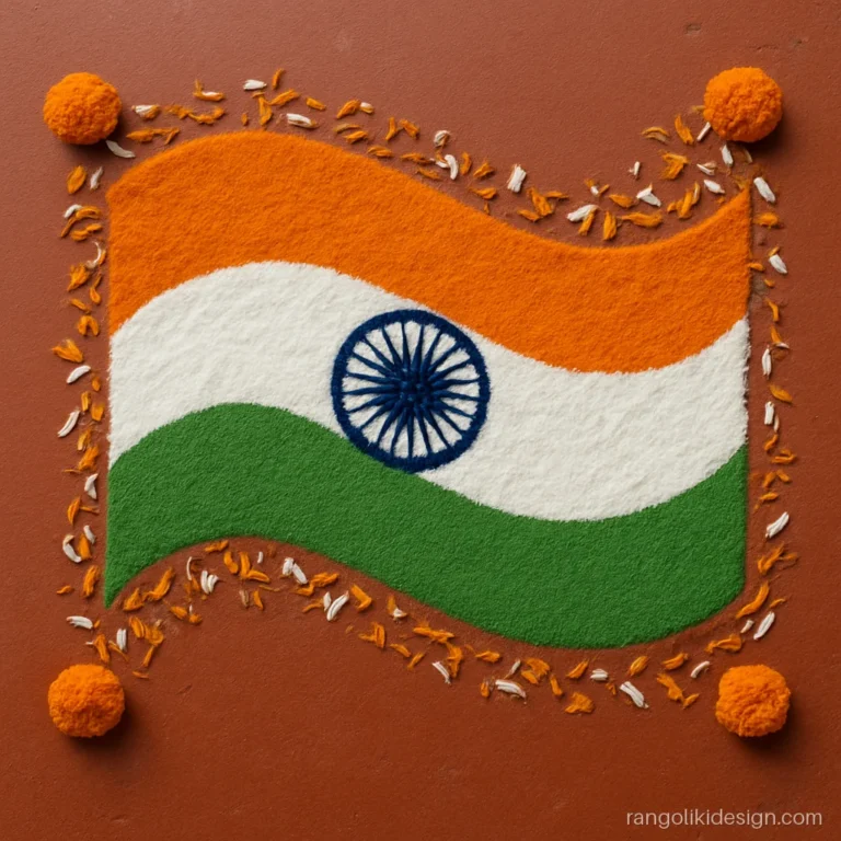 Tricolour rangoli design of a waving flag shape with marigold and white flowers