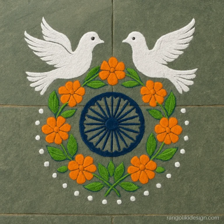 Simple rangoli designs for republic day with two doves and a flower wreath