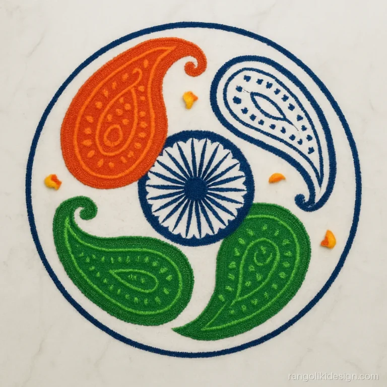 Unique republic day rangoli with three paisleys swirling around an Ashoka chakra