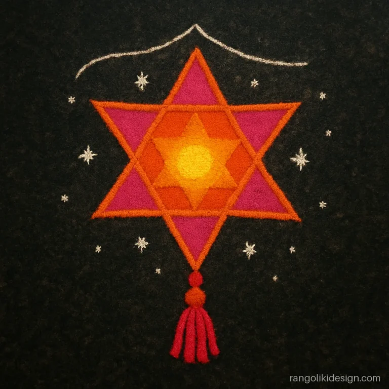 Rangoli design for choti diwali with a star lantern and hanging tassels