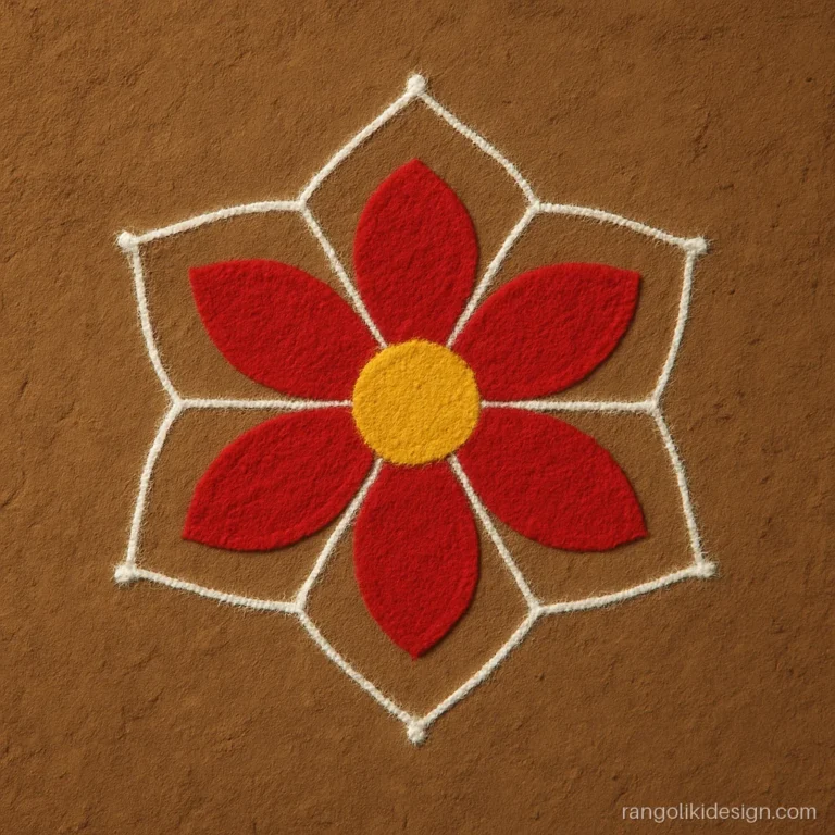 Simple kali chaudas rangoli design of a red flower on a 7 to 4 dot grid