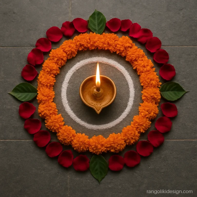 Choti diwali rangoli with a powder diya inside real marigold and rose petals