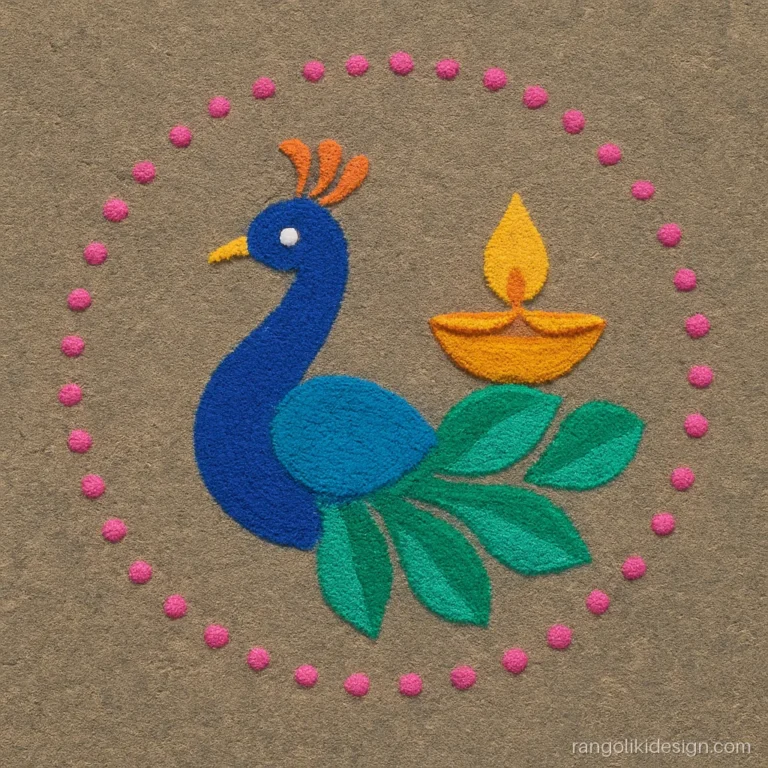 Small choti diwali rangoli of a blue peacock holding a diya on its tail