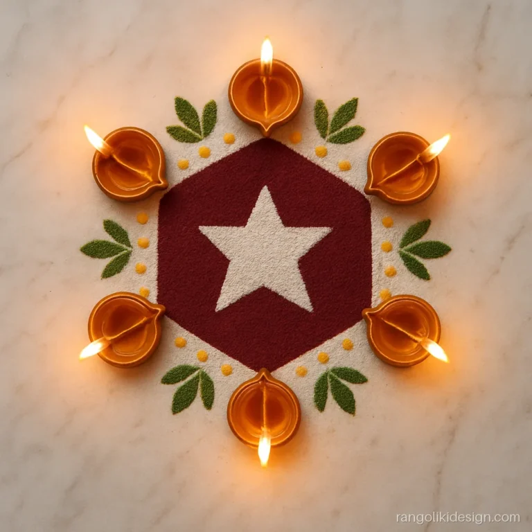 New kali chaudas rangoli with six gold diyas around a maroon hexagon