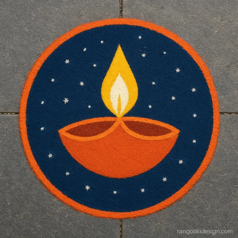 Simple rangoli design for Kali Chaudas with a big diya on a night sky circle