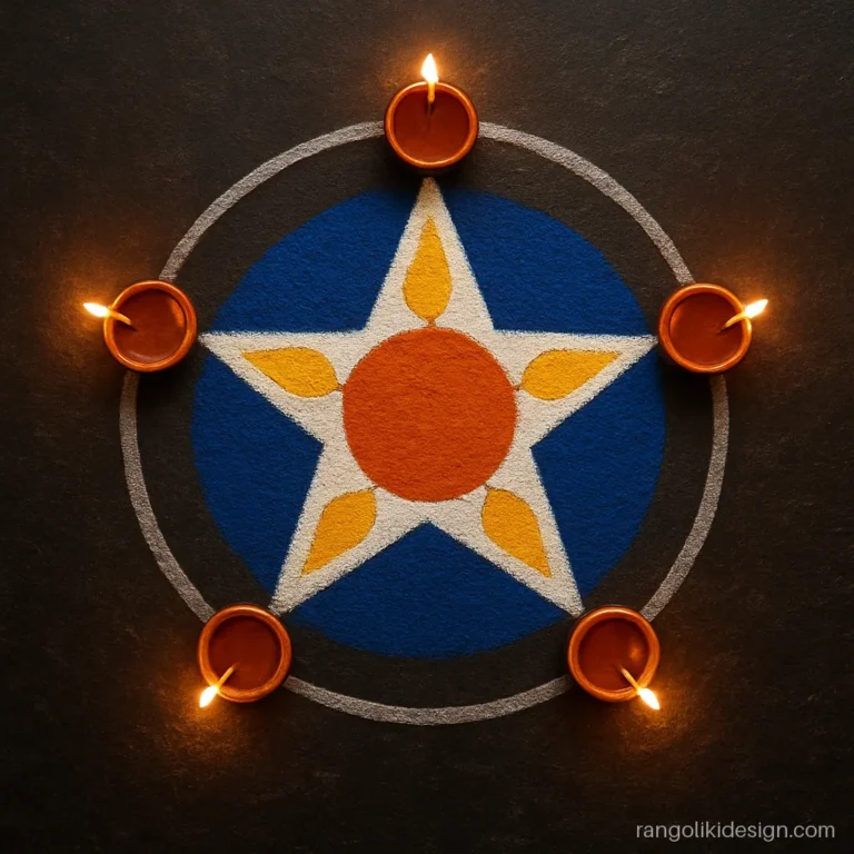 Easy Kali Chaudas rangoli design with five diyas around a star on dark floor