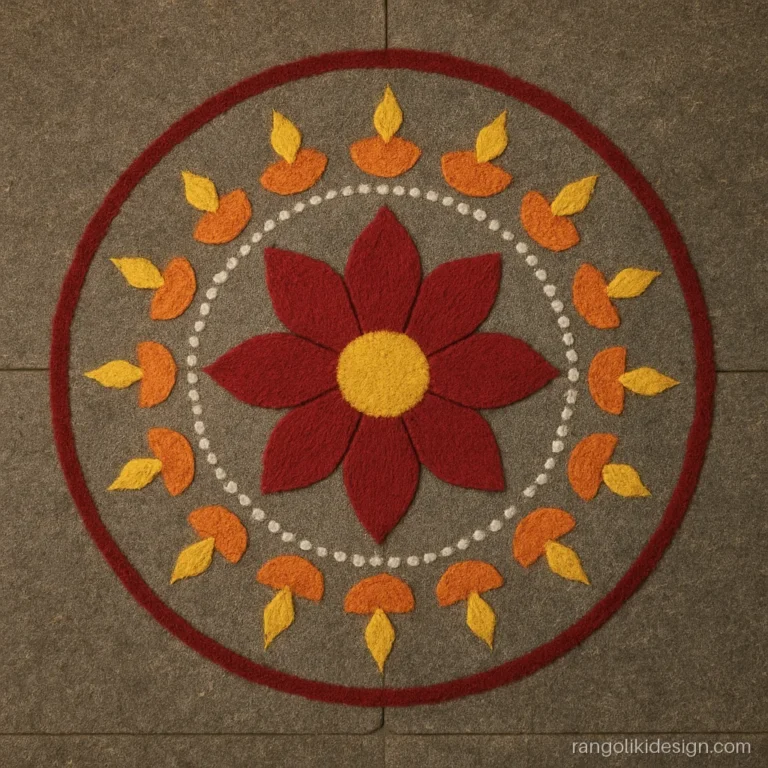 Kali chaudas rangoli designs with fourteen small diyas around a red lotus