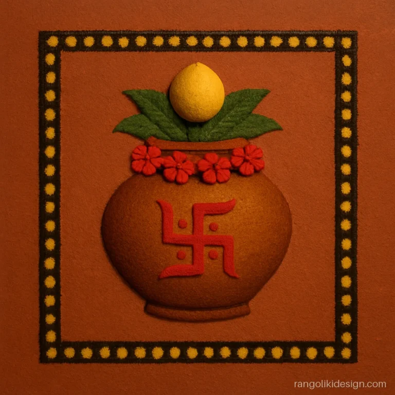Rangoli designs for kali chaudas with a copper kalash wearing a hibiscus garland