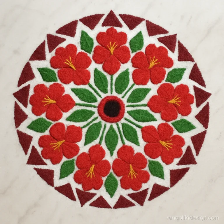 Simple kali mata kali chaudas rangoli of a red hibiscus mandala