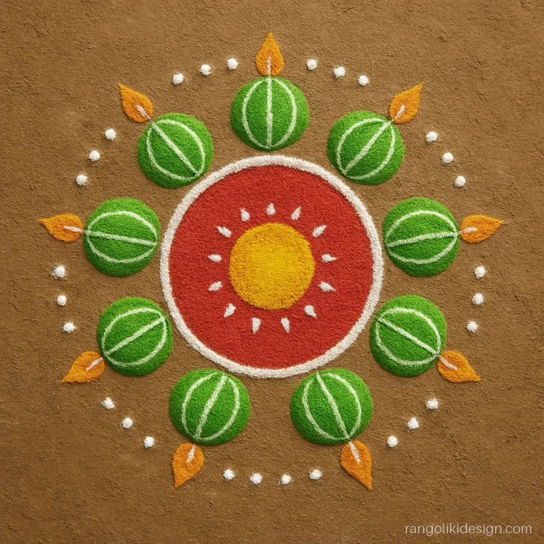 Easy narak chaturdashi rangoli with small green karit fruits and diyas