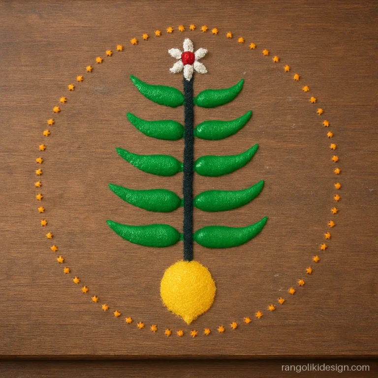 Kali Chaudas rangoli of a lemon and green chilli string at the doorstep