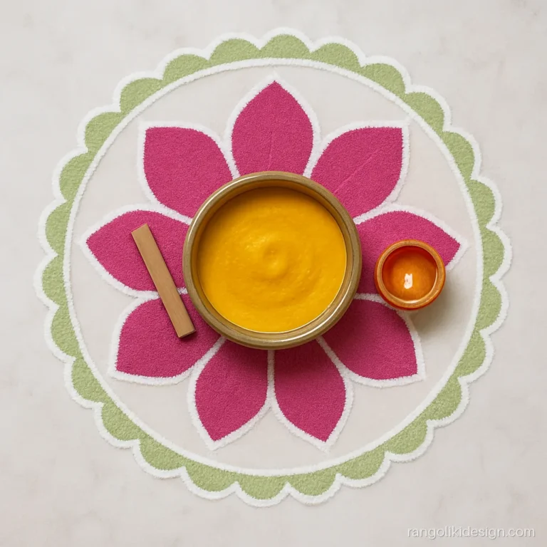 Roop chaudas rangoli design with a bowl of haldi ubtan and rose petals