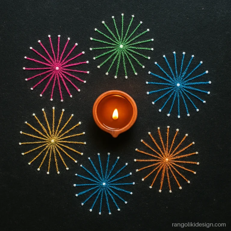 Kali chaudas rangoli designs with colourful sparkler bursts around a small diya