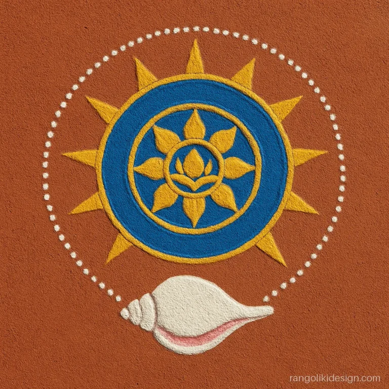 Narak chaturdashi rangoli with a blue Sudarshan chakra and a white conch