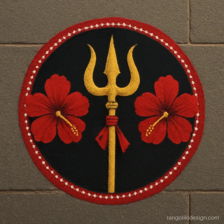Kali mata kali chaudas rangoli with a trishul between two red hibiscus flowers
