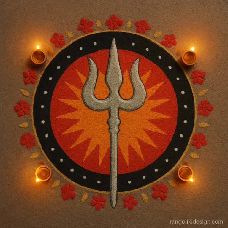 Big kali chaudas rangoli with a trishul before a red sun disc and black ring