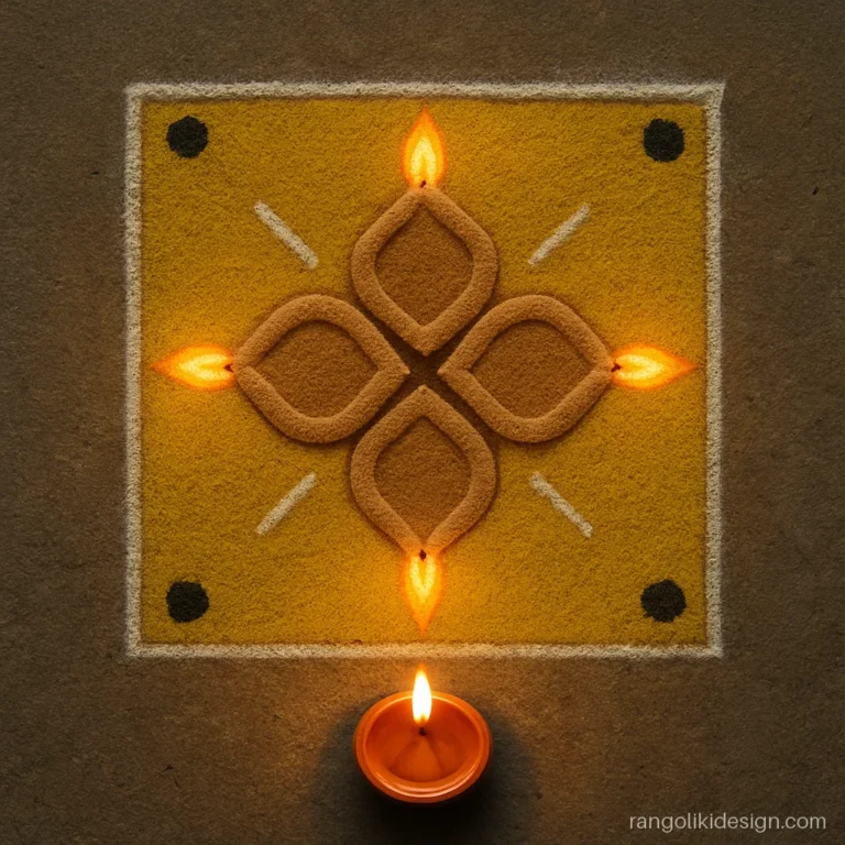 Rangoli for Kali Chaudas with a four-faced wheat dough yam diya in a square