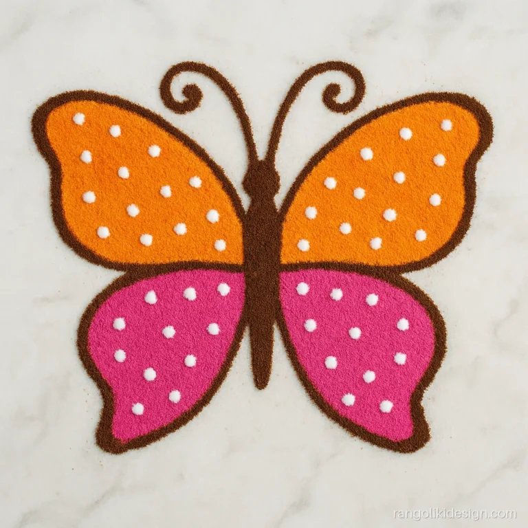 Rangoli design for kids of a butterfly with dotted wings