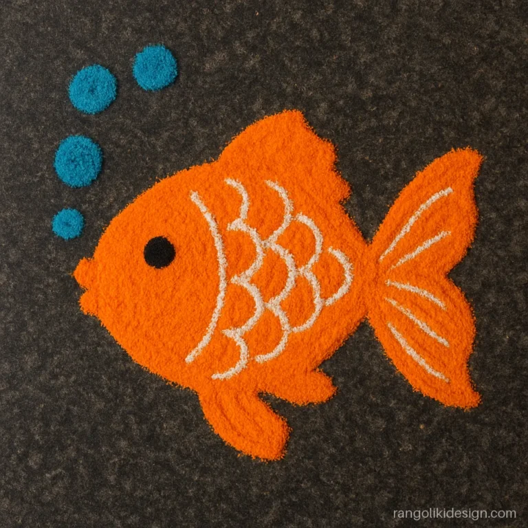 Easy rangoli designs for kids of a goldfish with bubbles