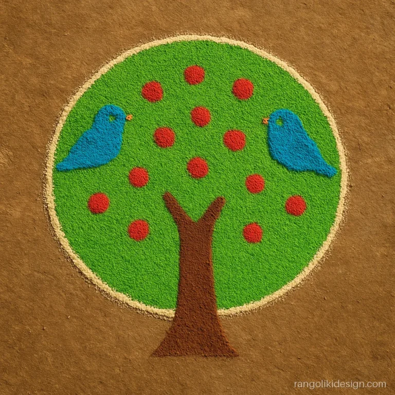Free hand easy rangoli designs for kids of a tree with two birds