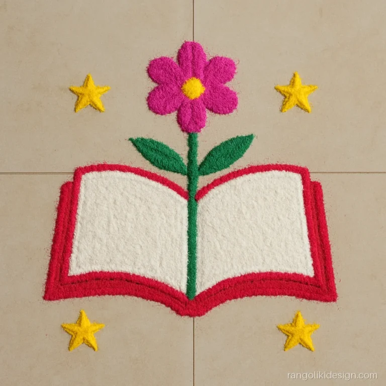 Rangoli designs for school with an open book and a flower